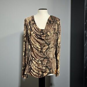 Tahari Animal Print Brown and Tan Ruched Long Sleeve Blouse Medium GUC